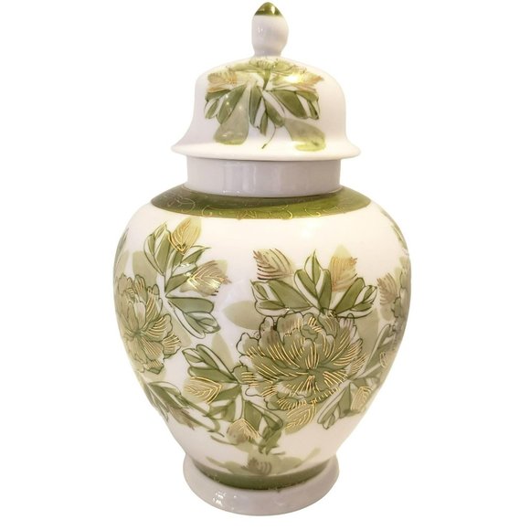 Other - Vtg MCM 60s Ginger Jar Urn Porcelain Hand Painted Green Gold Floral Japan 8"